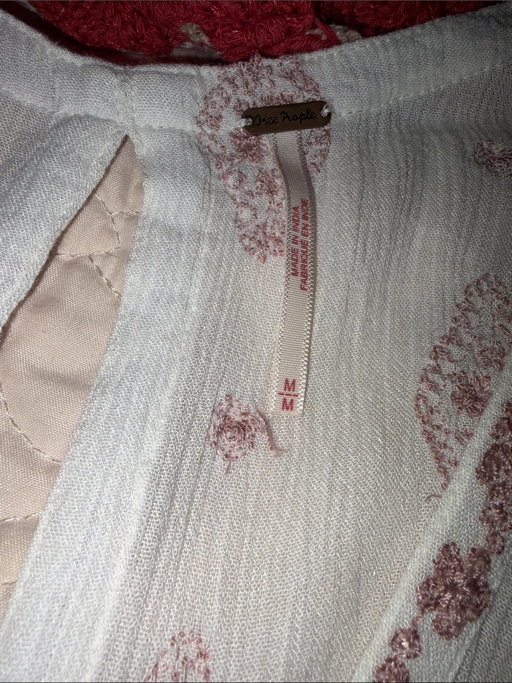 Free People Medium White Boho Tunic with Dusty Rose Embroidery Raw Hem - Picture 6 of 7